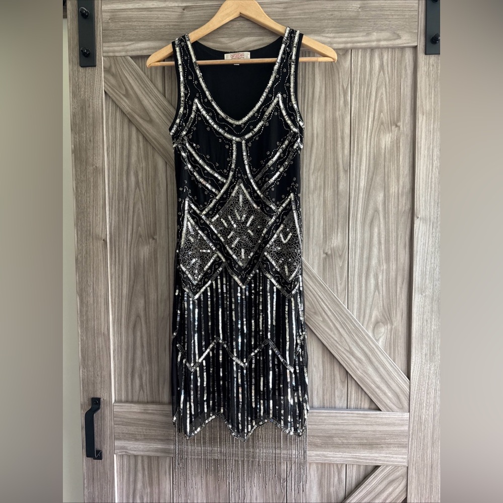 Gatsbylady London beaded sequins flapper vintage dress ladies US 4 UK 8 *